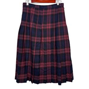 VTG Burberrys Tartan Plaid Wool Pleated Skirt Scotland Size 14 Red Blue Academia